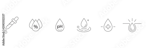 Hair treatment line icon set featuring serum pipette moisture percentage balance ph level water drops medical care follicle root vector illustration