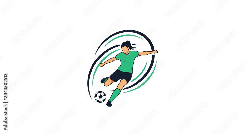 Fototapeta premium Woman soccer player kicking ball with dynamic motion lines.