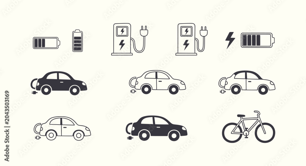 Fototapeta premium Electric vehicle icon set with car battery charging station and e-bike for clean energy transport.
