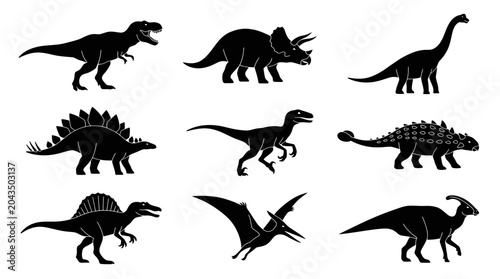 Bild auf Leinwand Set of Dinosaur Silhouettes - Tyrannosaurus, Triceratops, Brachiosaurus, Stegosa