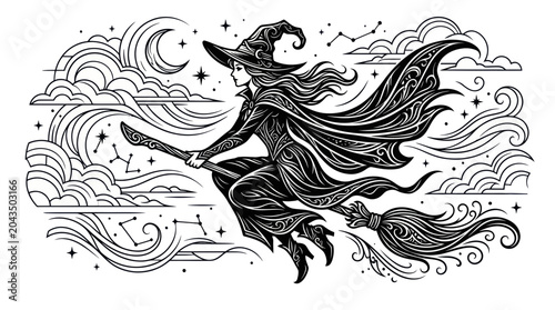 Canvas-taulu Witch Flying Broomstick Night Sky Stars Moon Clouds Constellations Black White