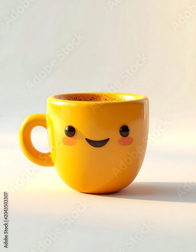 Cheerful Yellow Coffee Mug with Smiling Face on Minimal Light Background