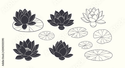 Fotografia Lotus Flower and Lily Pad Vector Silhouette and Outline Set for Zen Yoga and Med