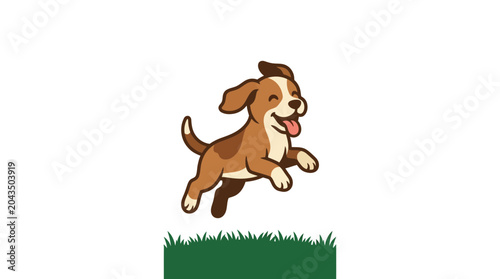 Obraz na plátne A cheerful brown and white puppy jumping joyfully over a patch of green grass