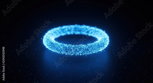 A glowing blue ring of light floating in a dark space with a black background.