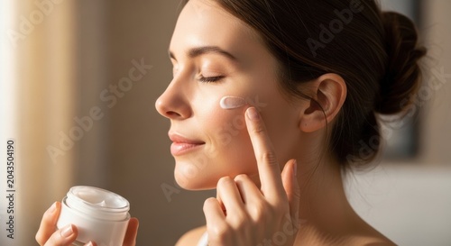 Woman applying a moisturizer to her face in a well-lit bathroom