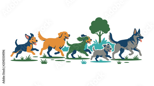 Tableau sur toile A group of five diverse dogs running together in a playful outdoor scene