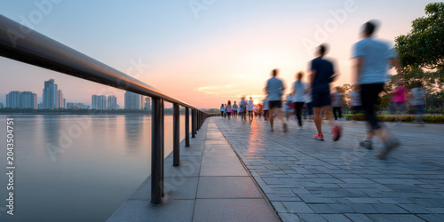 Blurred motion of people jogging along waterfront promenade during sunrise with city skyline in background and calm river
