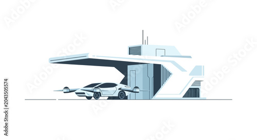 Foto Futuristic Flying Car Docked in Modern White Hangar