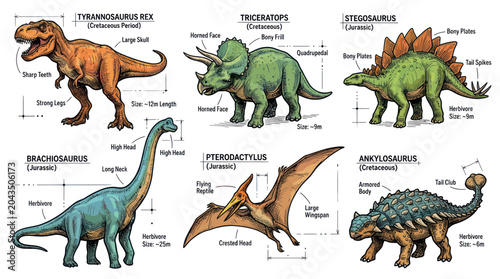 Canvas Print Collection of Dinosaur Illustrations with Labels: Tyrannosaurus Rex, Triceratops