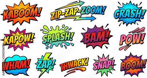 Cuadro en lienzo Comic book sound effects sticker set, retro pop art speech bubbles and explosive