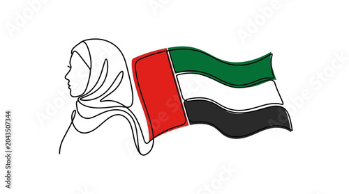 Fotografi Continuous line drawing of a woman in a hijab next to the UAE flag