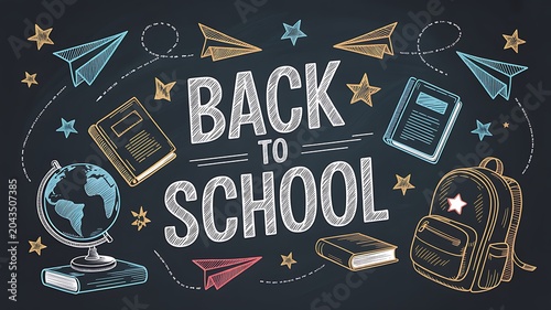 Chalkboard illustration of various school supplies and paper airplanes with the words Back to School written in large lettering