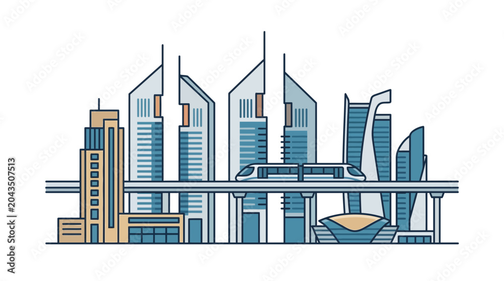 Obraz premium Modern Dubai skyline illustration featuring skyscrapers and a metro train.