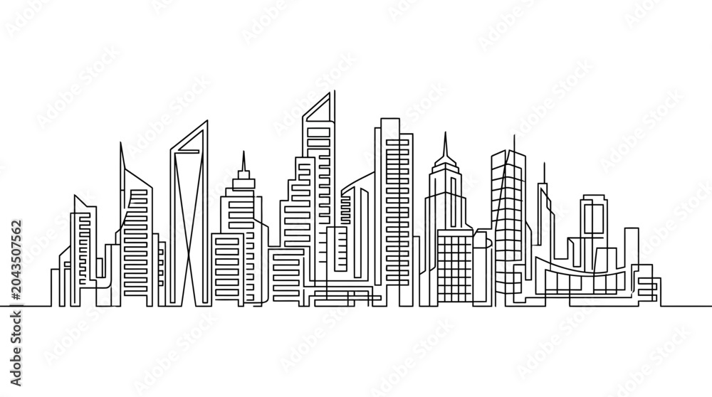 Fototapeta premium A continuous line drawing of a modern city skyline with skyscrapers.