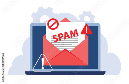 Blacklisted email address and blocked Message. A laptop screen displaying an email. Concept of spam software spreading, ad blocking, phishing attack, noise advertising