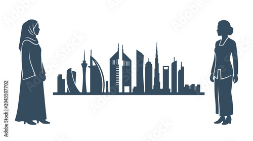 Photos Two women standing on opposite sides of a stylized Dubai city skyline silhouette