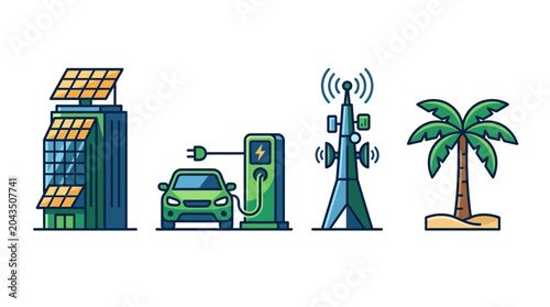 Set of modern technology and nature icons including solar building electric vehicle charging station communication tower and palm tree.