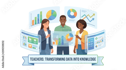 Diverse educators analyzing educational data on digital screens.