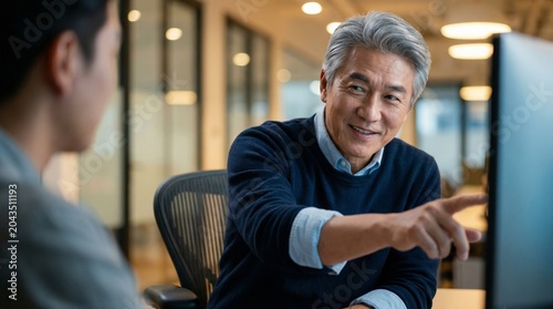 Hands-On Mentorship: Approachable Senior Thai-Korean Executive Coaching Junior Colleague on Blurred Office Bokeh