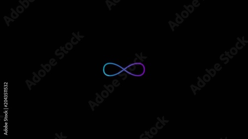Glowing infinity symbol, digitally illustrated with a vibrant blue and purple gradient on a stark black background, representing eternal possibilities and continuous flow