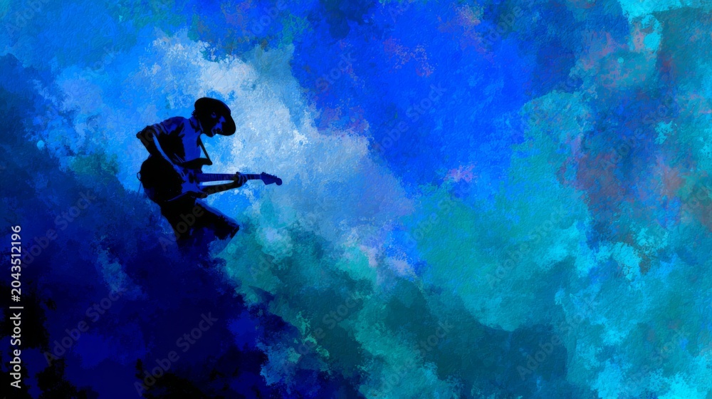 Fototapeta premium Abstract Electric Blue Painting with Musician Silhouette Creating a Dynamic and Textured Background