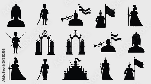 Quadro su tela Royal parade elements featuring soldiers archways and queen figures in black silhouettes