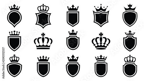 Collection of royal shield silhouettes with crown elements for luxury branding templates.
