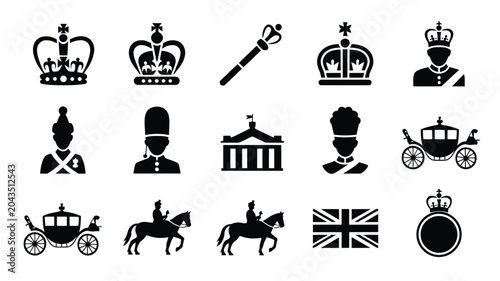 Royal British icons featuring crowns carriage soldiers and union jack flag.