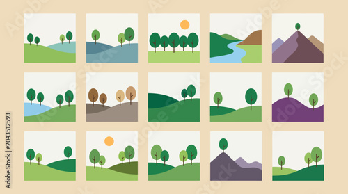 Set of minimalist flat landscape illustrations with hills trees river and mountains in seasonal nature scenes