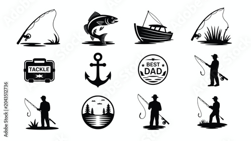 Fishing rod boat fish anchor tackle best dad emblem fisherman nature scene.