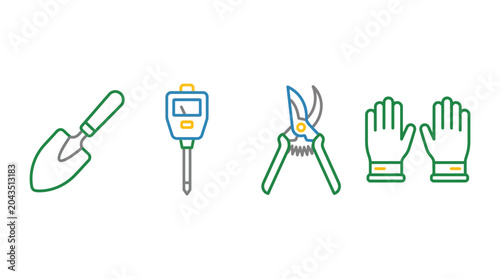 Photos A collection of essential gardening tools including a trowel soil meter pruners and gloves