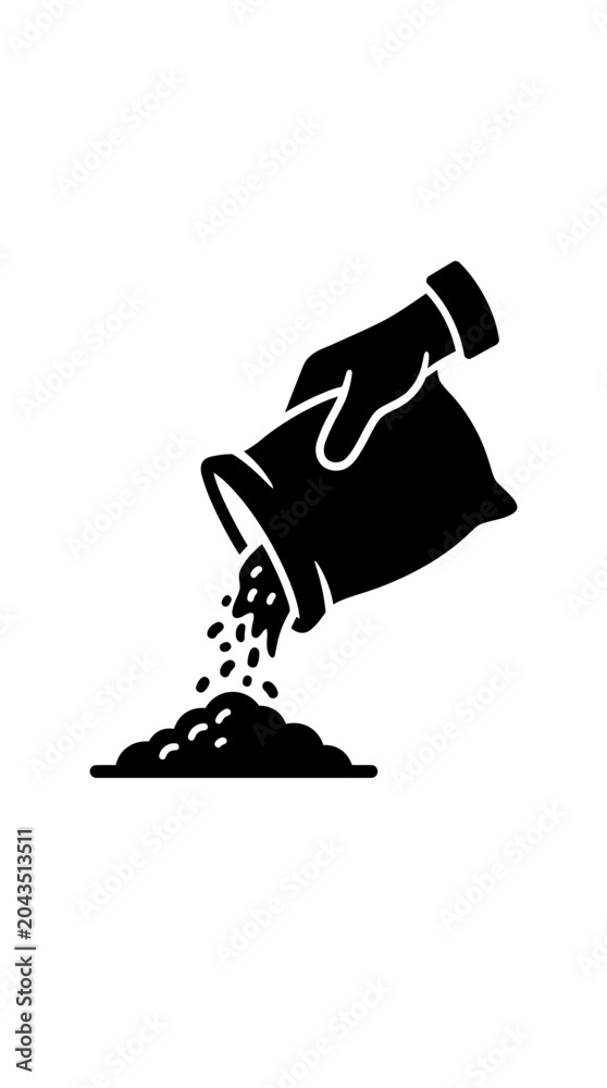 Obraz premium A black silhouette icon of a hand pouring seeds or fertilizer onto a pile.