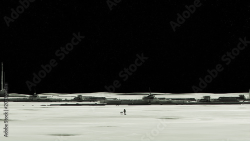 Standing Astronaut Moon Base Lunar Base Space Colony Futuristic Outpost Vast Lunar Landscape Starry Sky Robotic Dog Sci Fi Dramatic Lighting Isolation 3d illustration