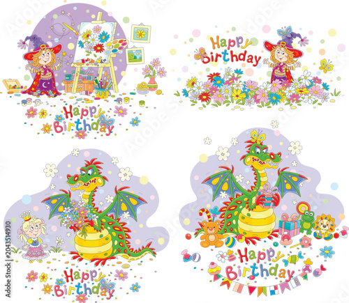 Happy birthday cards with a little witch, a funny dragon and a cute princess, a set of vector cartoon illustrations isolated on a white background