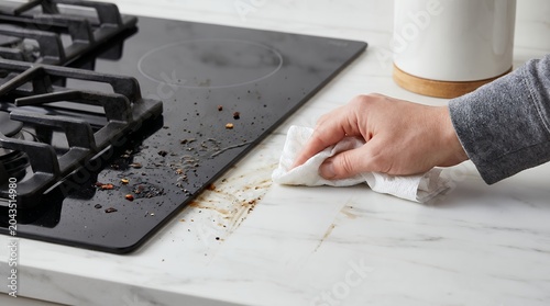 Hand wiping kitchen countertop with a white cloth