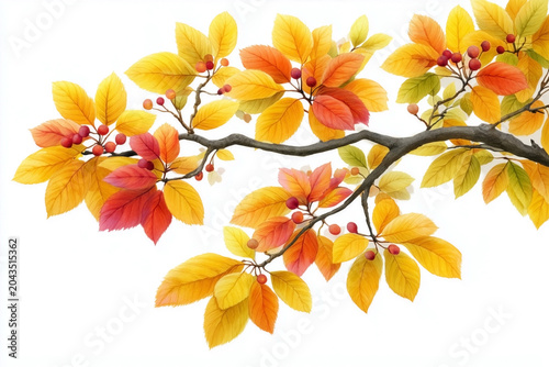 Branch of autumn tree with yellow and red leaves isolated on white background