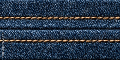 Close-up macro view of classic blue denim fabric with prominent parallel gold stitching