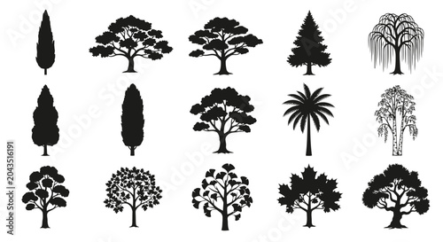 Bild auf Leinwand CAD tree lines Tree silhouettes, black tree icons, tree shapes, vector tree symb