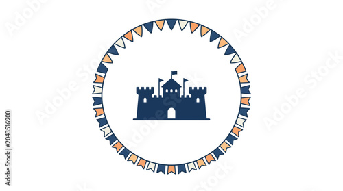 Bild auf Leinwand A circular emblem featuring a dark blue castle silhouette surrounded by a decorative bunting border
