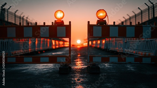 Orange lights on barriers glow during a fiery sunset, blocking a wet road