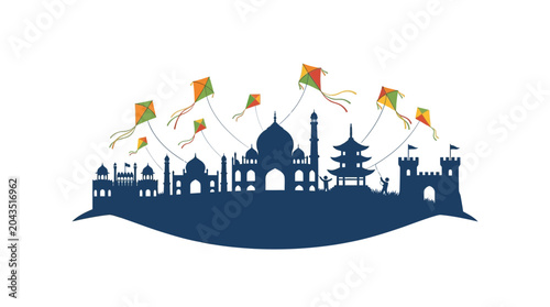 Foto A dark blue silhouette of world landmarks and colorful kites flying above