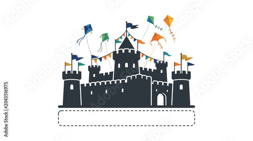 Fotografie A dark silhouette of a medieval castle decorated with colorful flying kites and festive bunting