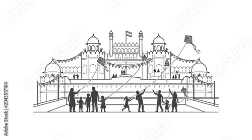 A group of people flying kites in front of the Red Fort.