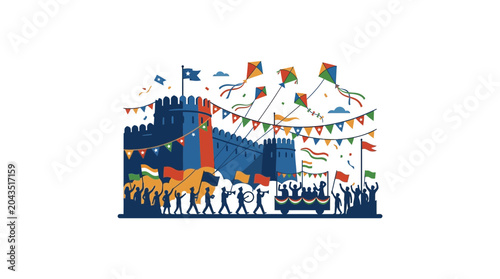 Fotografie A festive parade scene featuring a historic fortress with people celebrating and flying kites