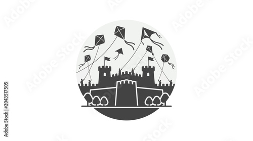 Foto A stylized circular graphic featuring a medieval castle silhouette with several kites flying above it