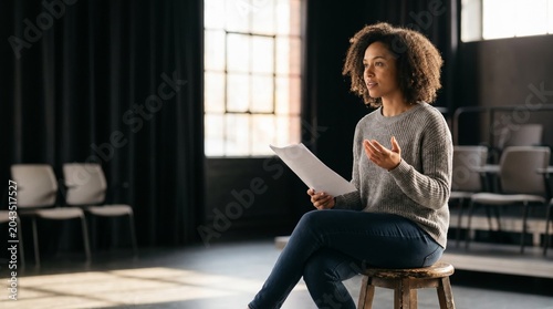 Young Black woman speaking while sitting on stool in theater, Actor rehearsing lines on stage  