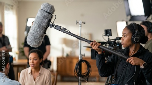 Female sound technician recording audio during video production session, Boom microphone in shot  
