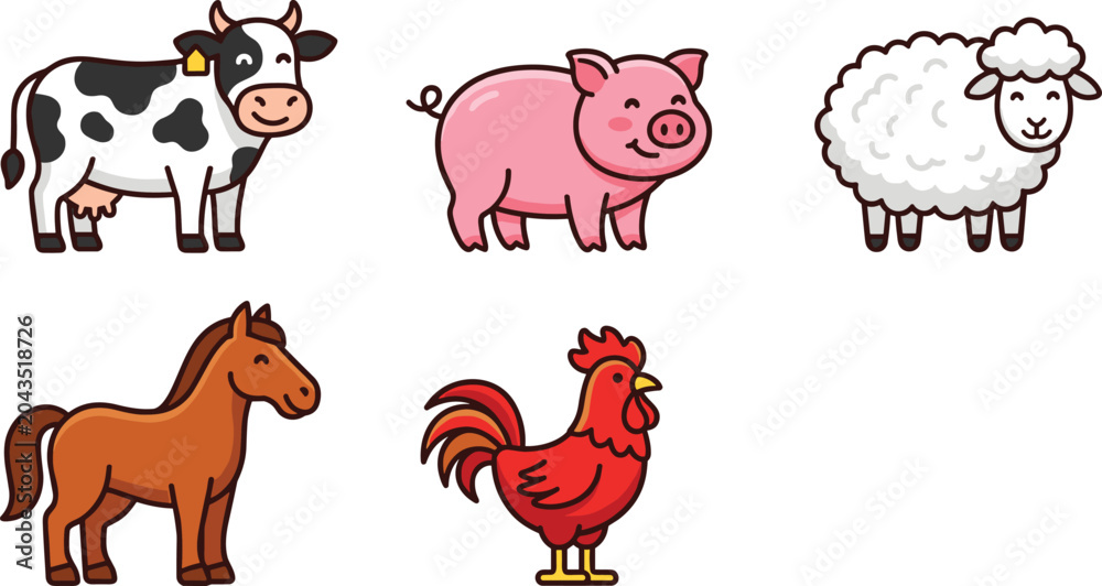 Fototapeta premium Cute Farm Animal Vector Illustration Set Featuring Friendly Cartoon Cow Pig Sheep Horse and Rooster Characters for Kids Education and Agricultural Branding Designs