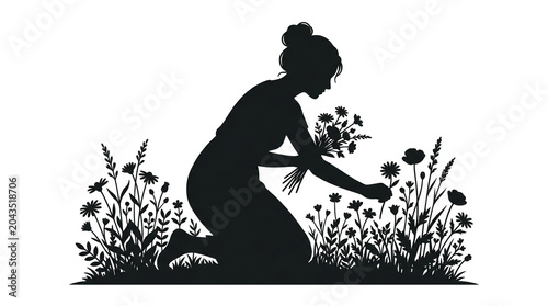 Woman Picking Wildflowers Silhouette Illustration